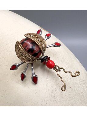 Vtg Czech Art Glass Jelly Belly Beetle Brooch Brass Filigree Insect Bug Pin